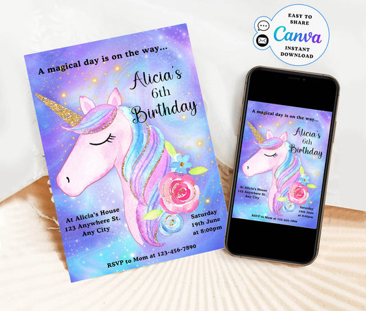 6th Birthday Party Invitation Unicorn Template