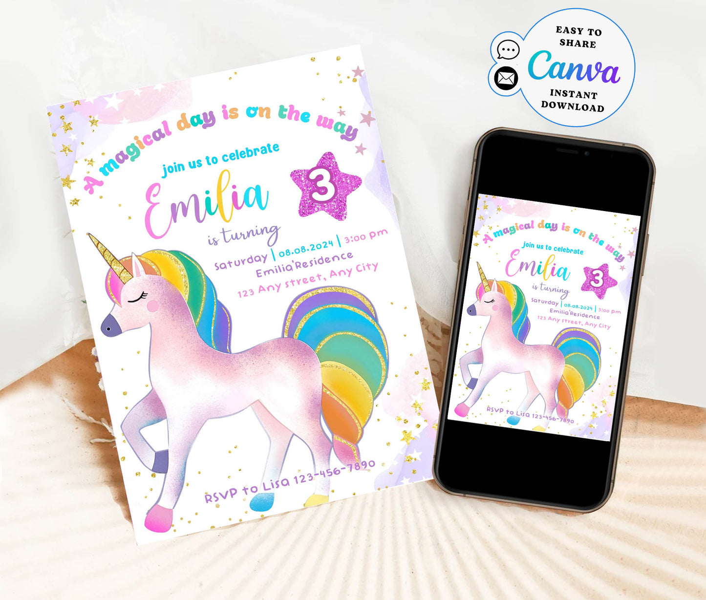 Girl 3rd Birthday Invitation, Glitter Unicorn Birthday Invite