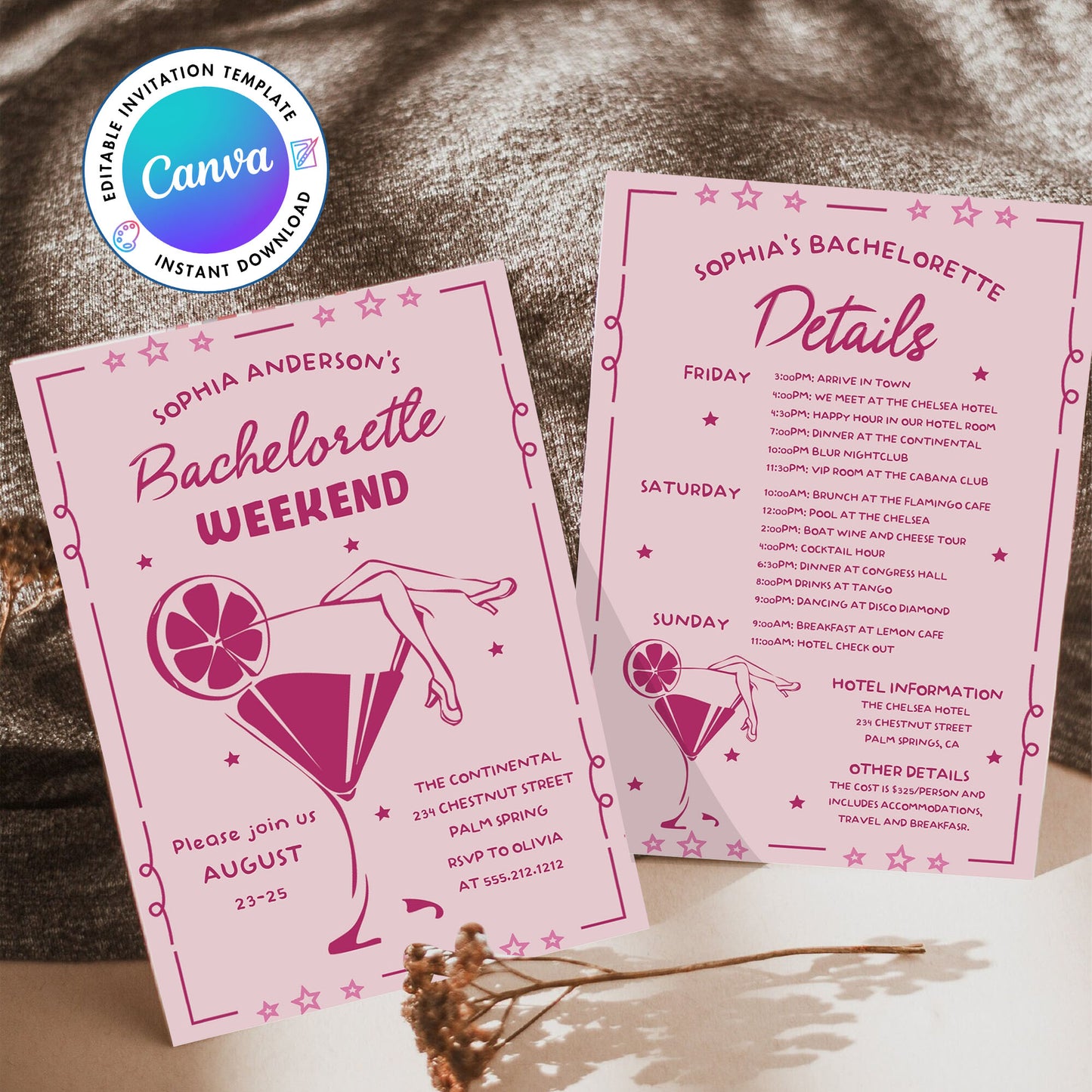 Hand drawn Pink Bachelorette Weekend Invitation