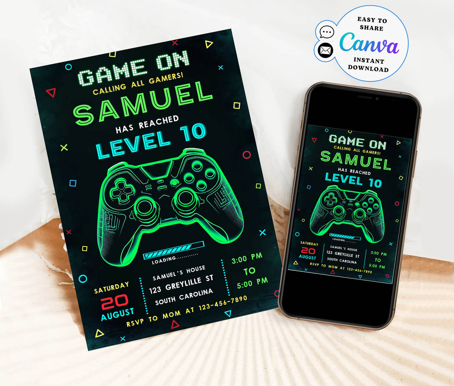 Neon Game On Level Up Gaming Birthday Party Invites