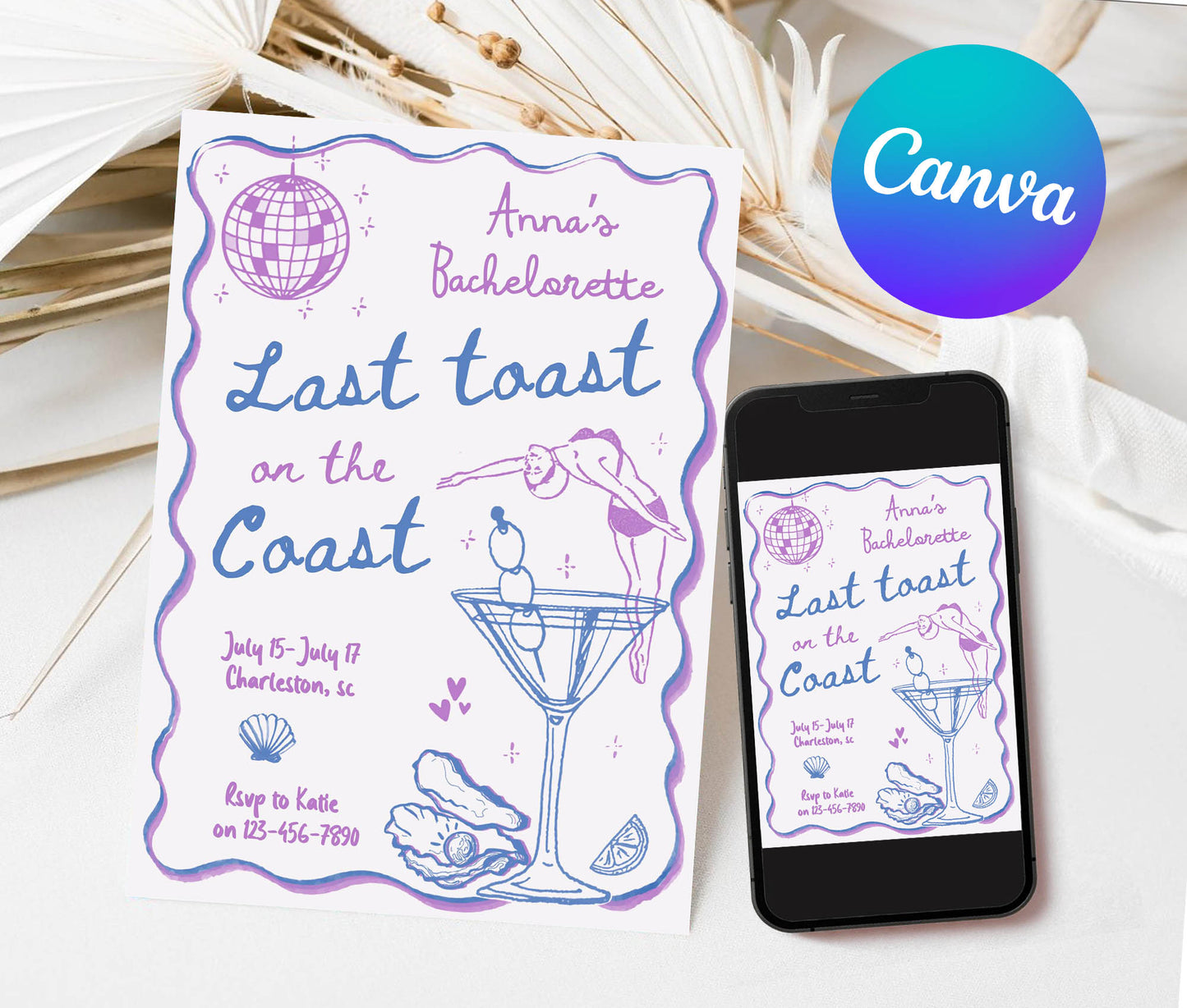 Purple Coastal Bachelorette Invitation and Itinerary Template