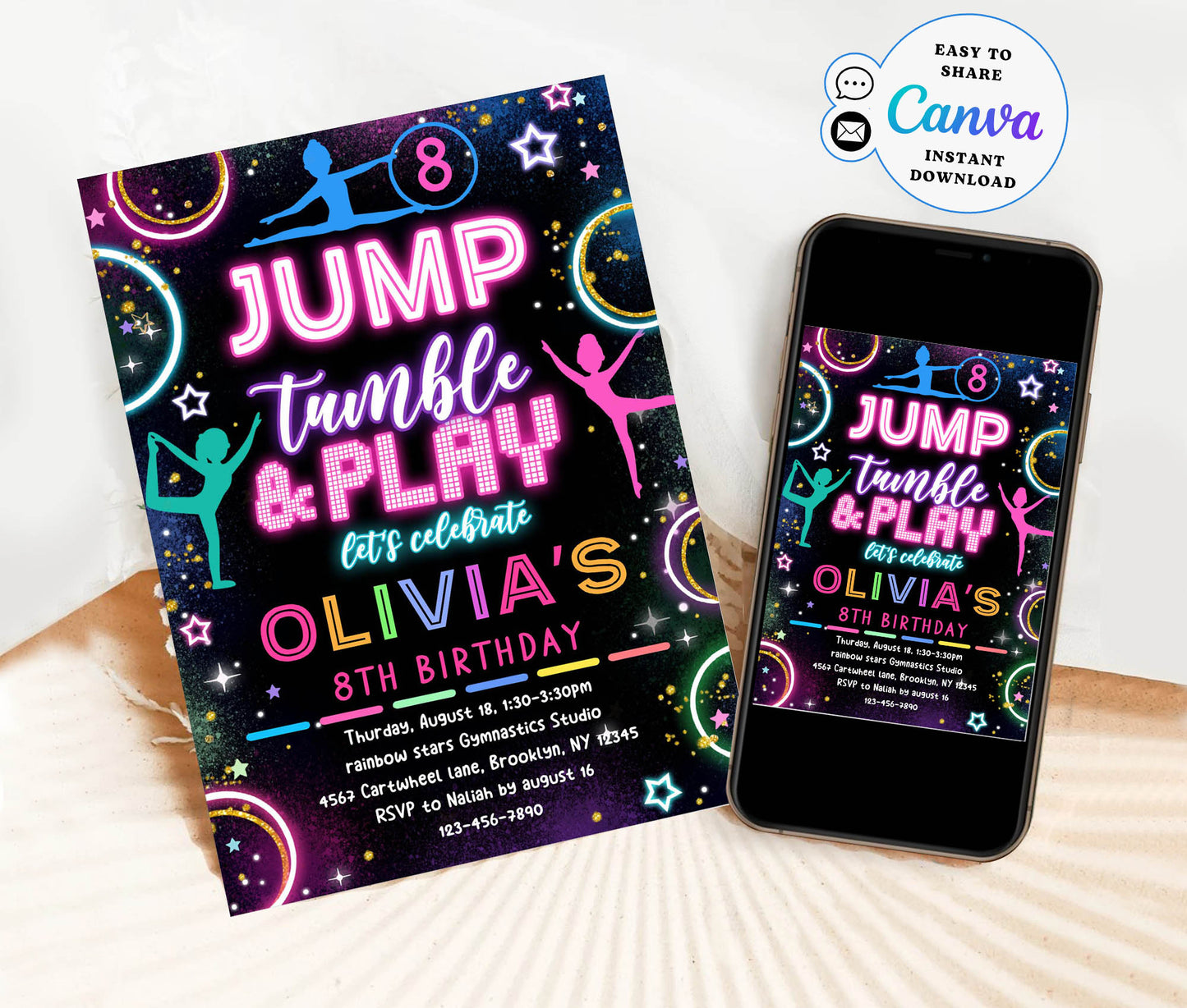 Jump, Tumble and Play 8th Birthday Party Invitation