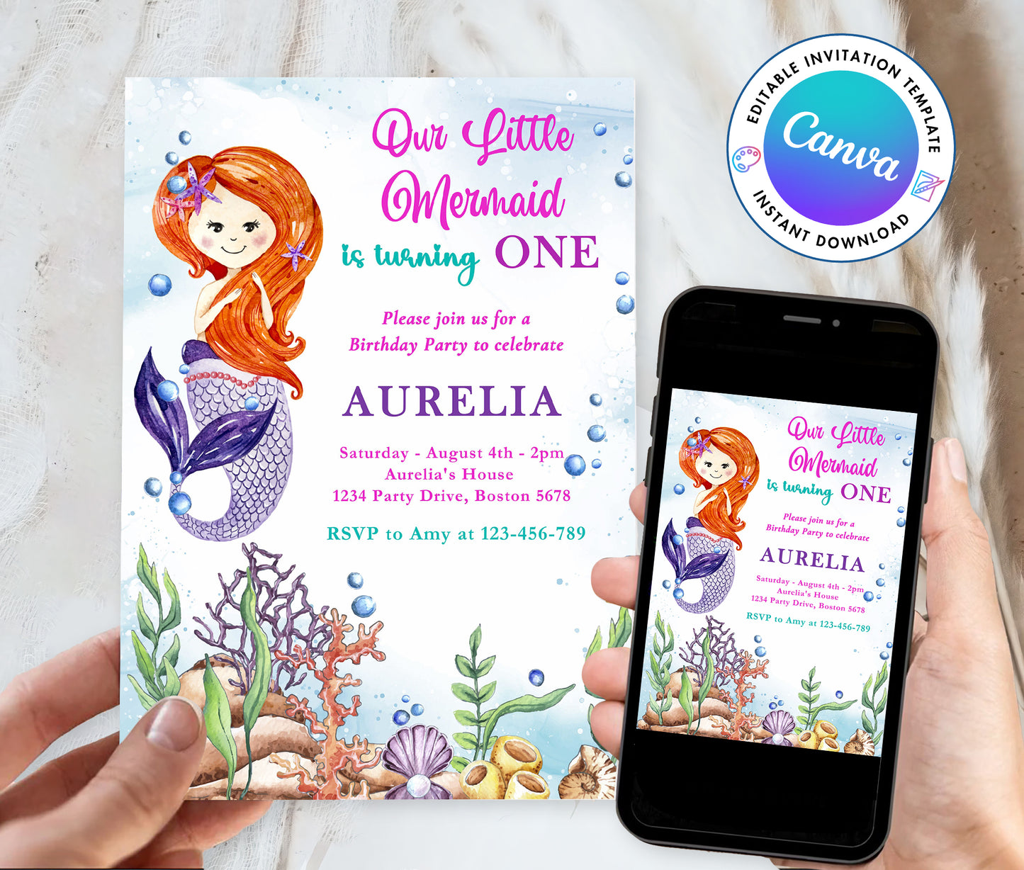 Mermaid Girl Birthday Party Invitation