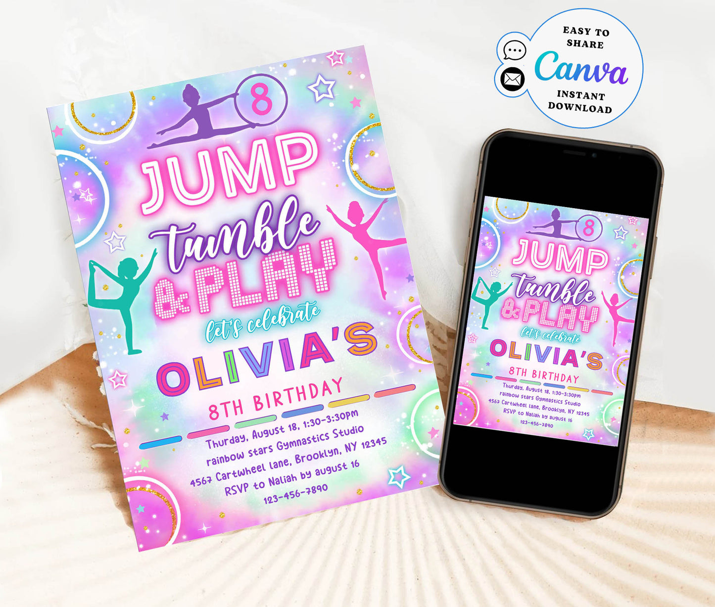 Editable Jump Tumble & Play gymnastics Birthday Invitation