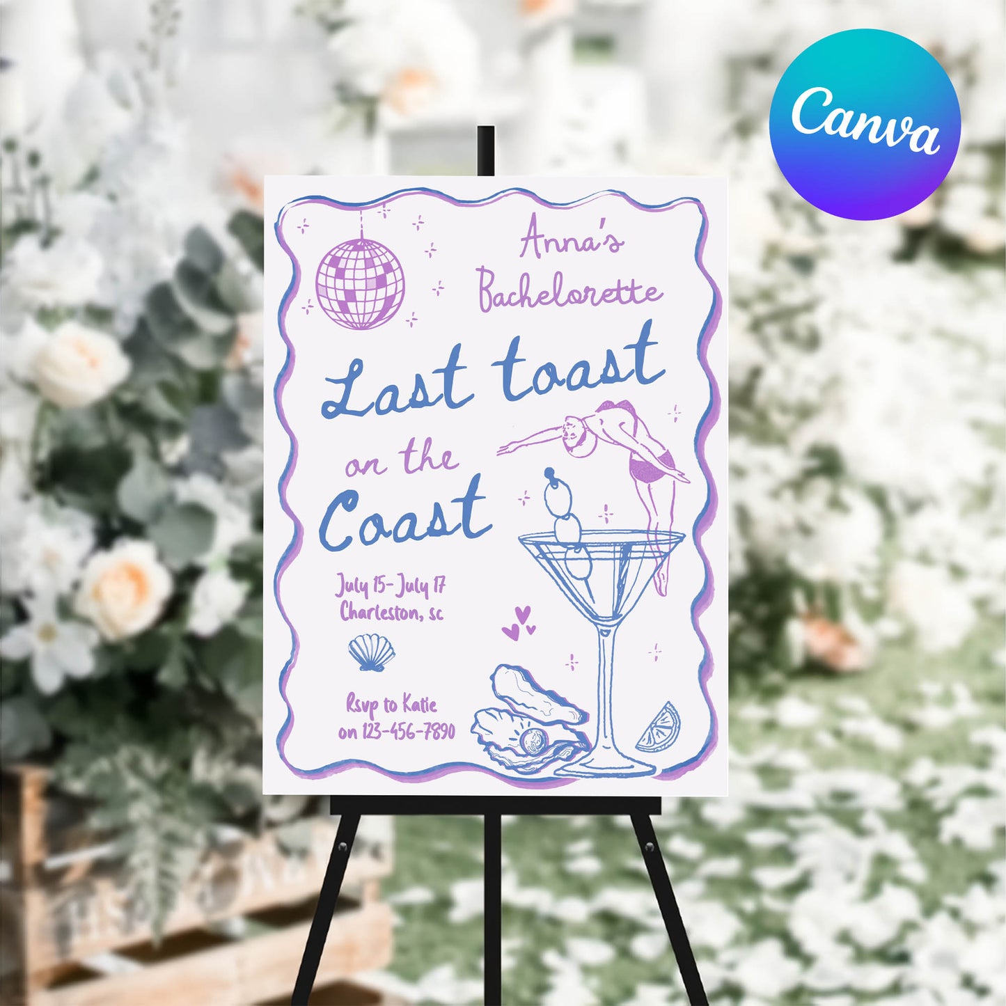 Purple Coastal Bachelorette Party Welcome Sign Template