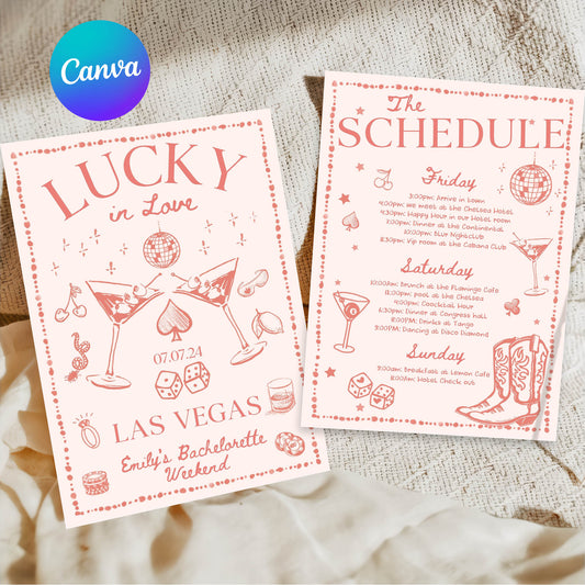 Lucky in love Bachelorette invitation and Itinerary