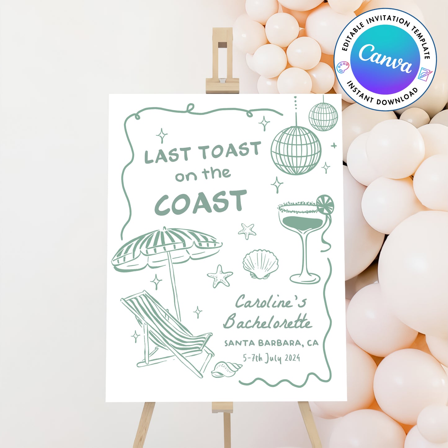 Last Toast On The Coast Bachelorette Party Green Welcome Sign Template