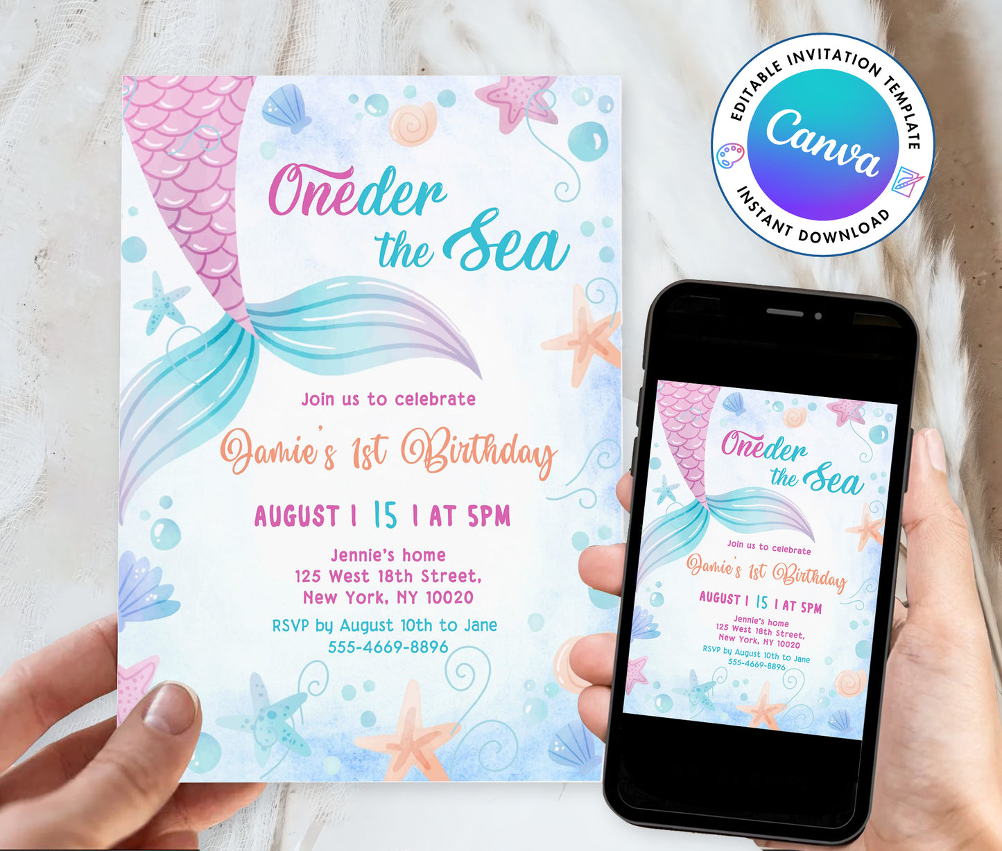 Mermaid Pink Purple Oneder The Sea Birthday Invitation