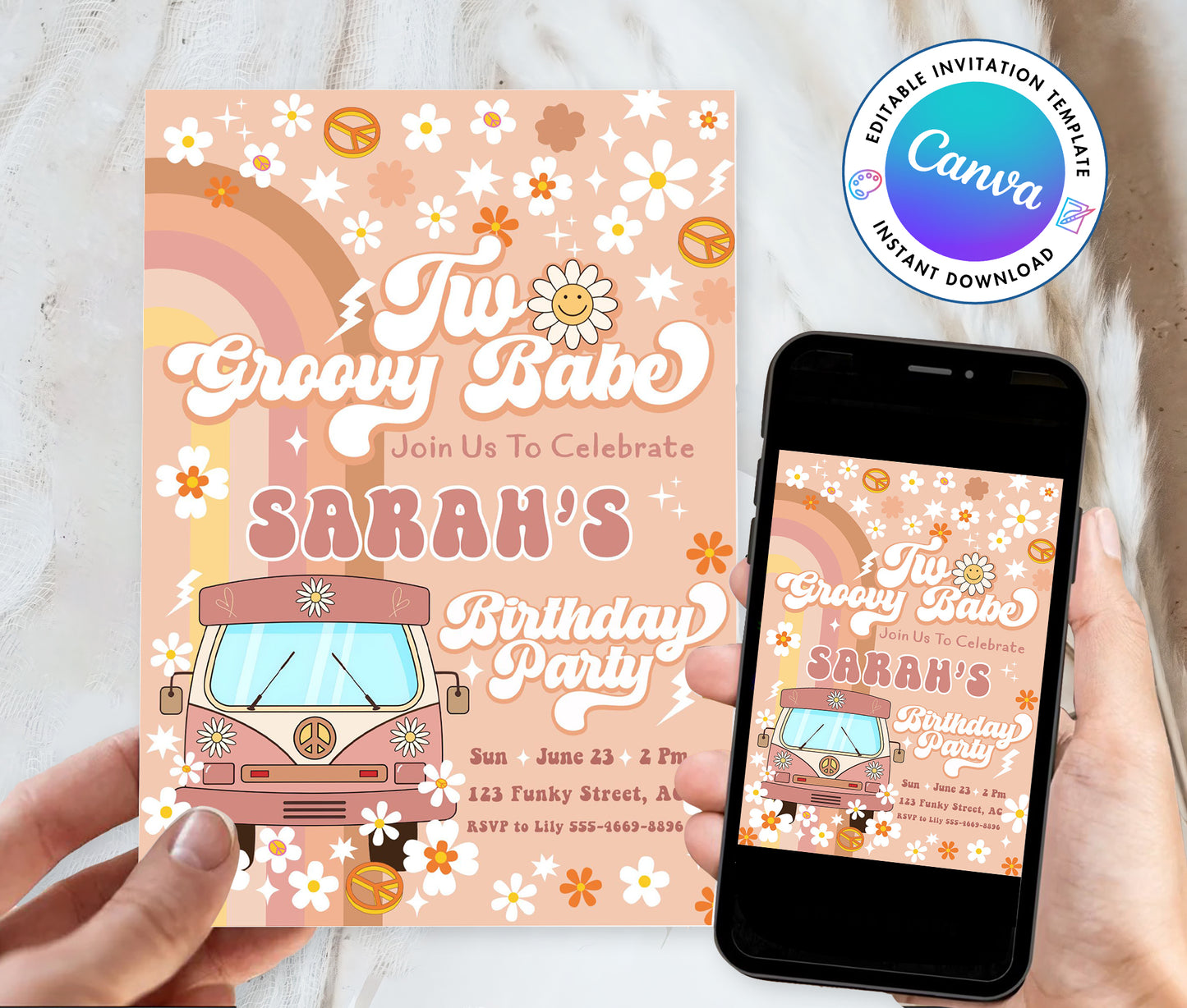 Two Groovy Babe Birthday Party Invitation