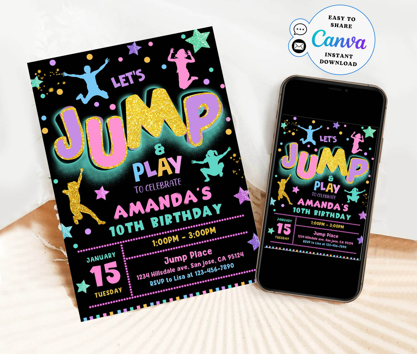 Let's Jump and Play 10th Birthday Invitation