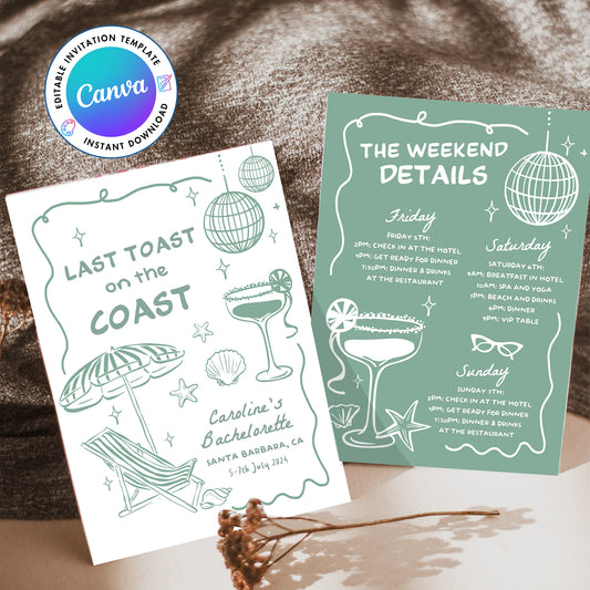 Last Toast on the Coast! Perfect Beach Bachelorette Invitation 🌊