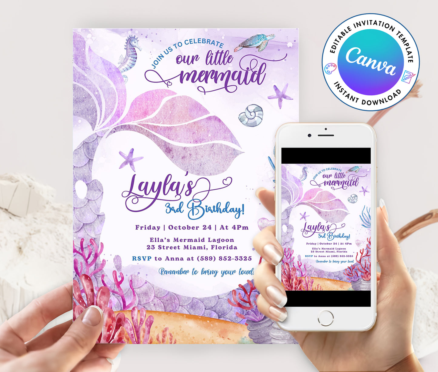 Mermaid Pink Purple Birthday Invitation