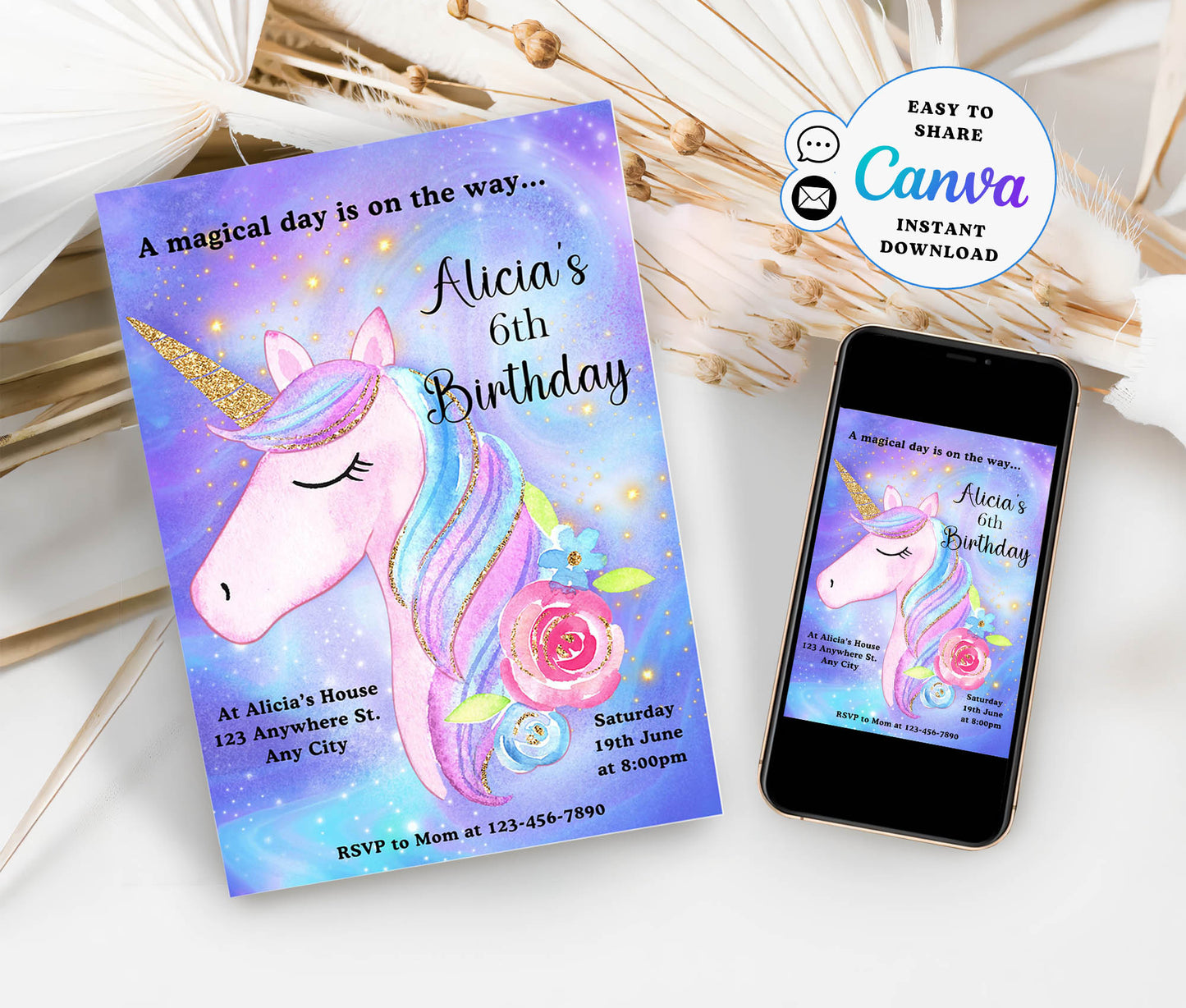 6th Birthday Party Invitation Unicorn Template