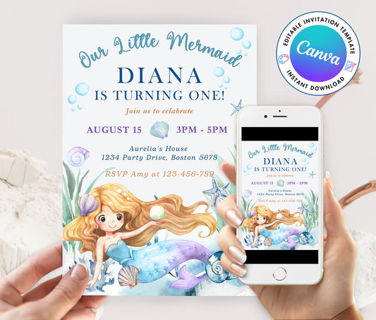 Oneder the Sea Mermaid Watercolor 1st Birthday Invitation