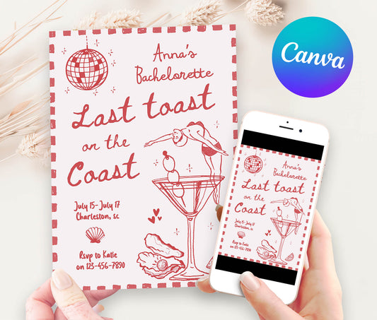 Sunset Vibes on the Shore: Last Toast on the Coast Bachelorette Invite