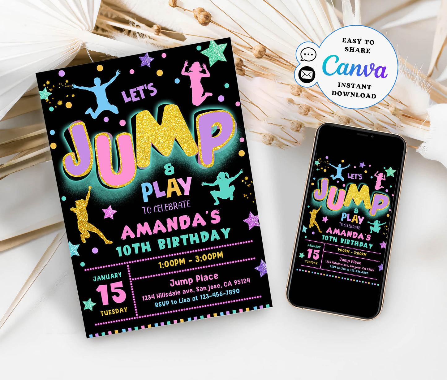 Let's Jump and Play 10th Birthday Invitation