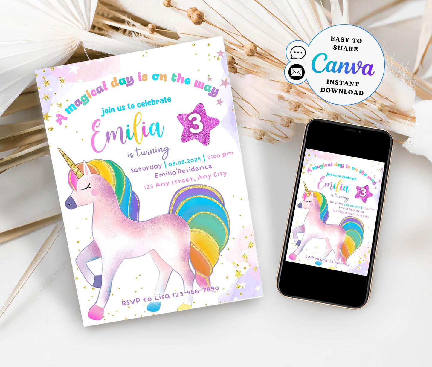 Girl 3rd Birthday Invitation, Glitter Unicorn Birthday Invite