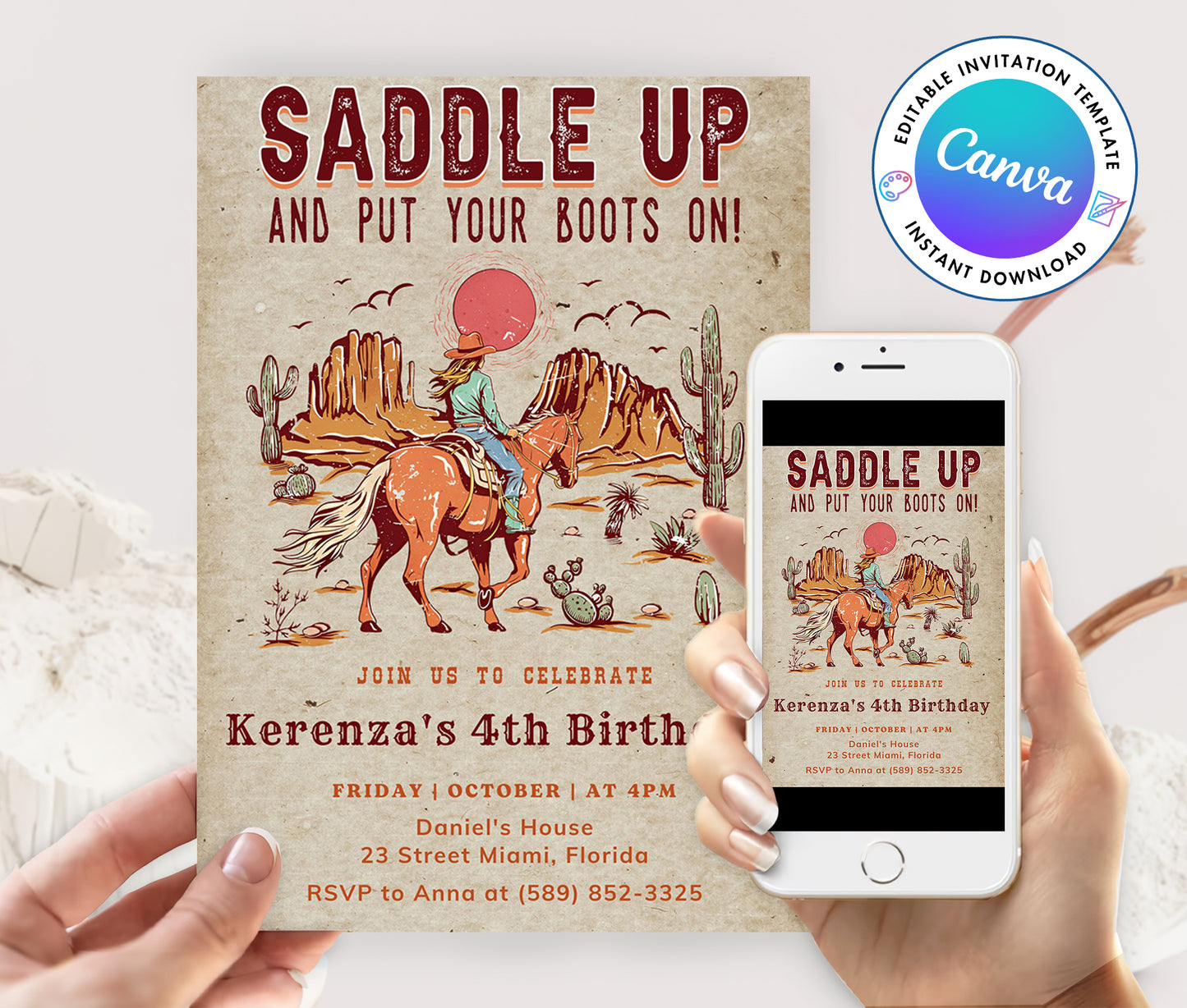 Western Saddle Up Cow Girl Birthday Invitation