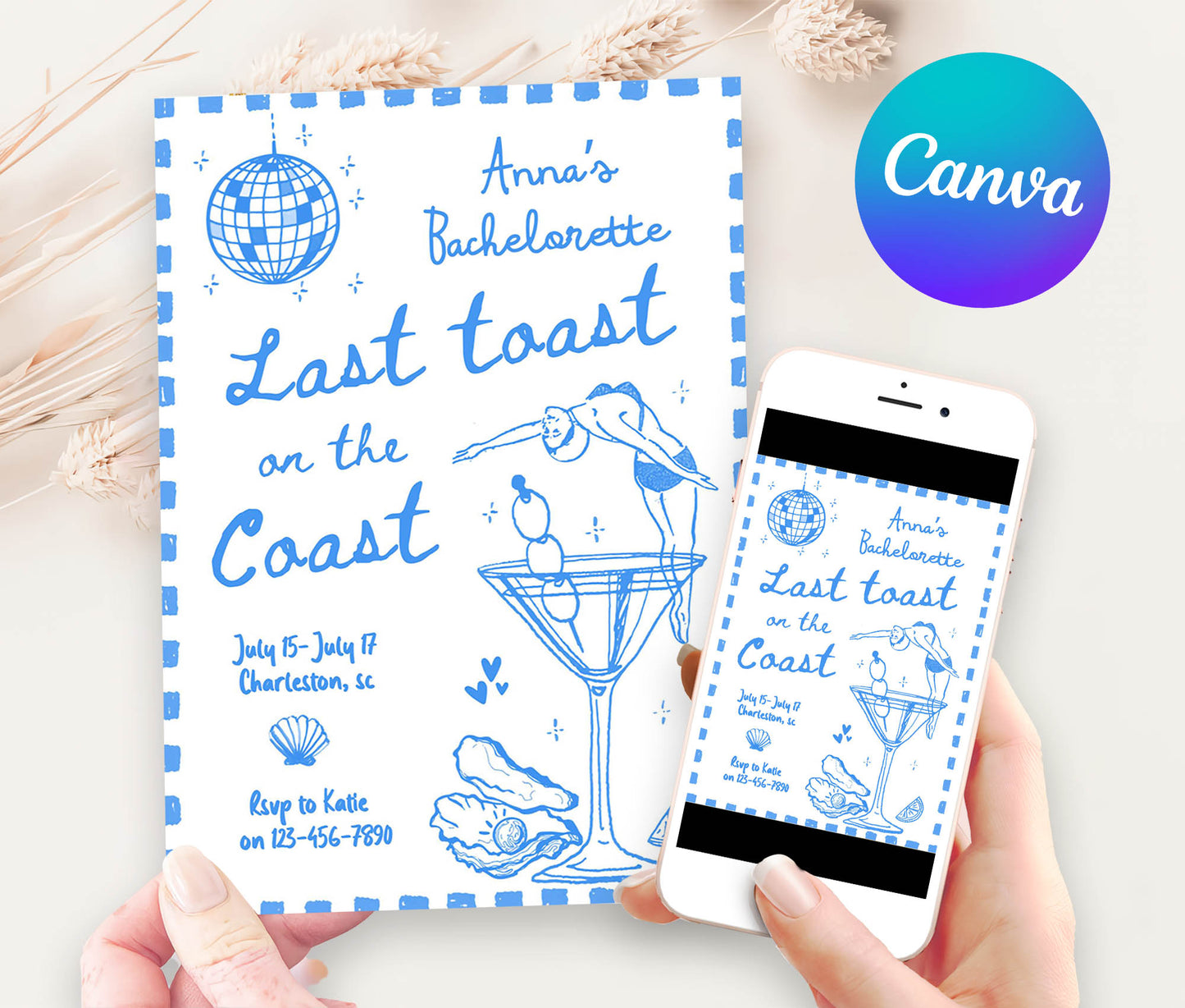 Blue Last Toast On The Coast Bachelorette Party Invitation