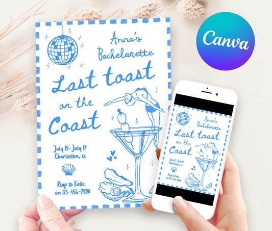 Blue Last Toast On The Coast Bachelorette Party Invitation