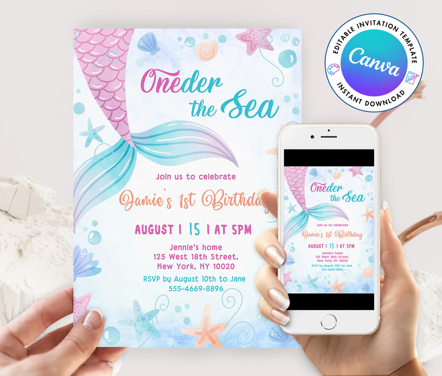 Mermaid Pink Purple Oneder The Sea Birthday Invitation