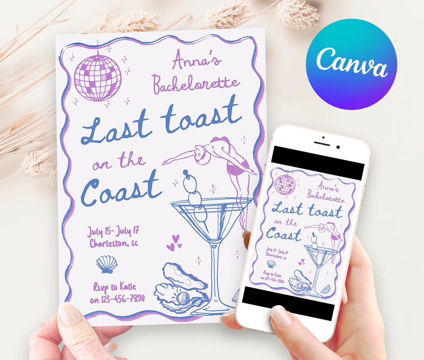 Purple Coastal Bachelorette Invitation and Itinerary Template