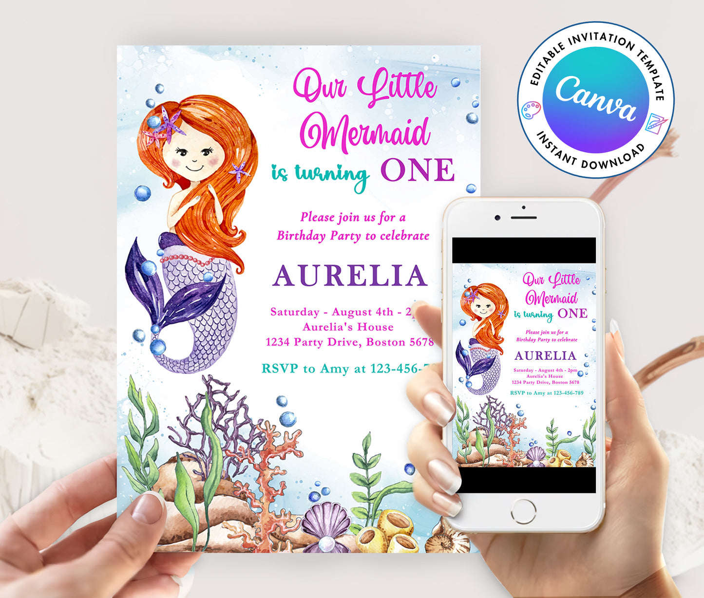 Mermaid Girl Birthday Party Invitation