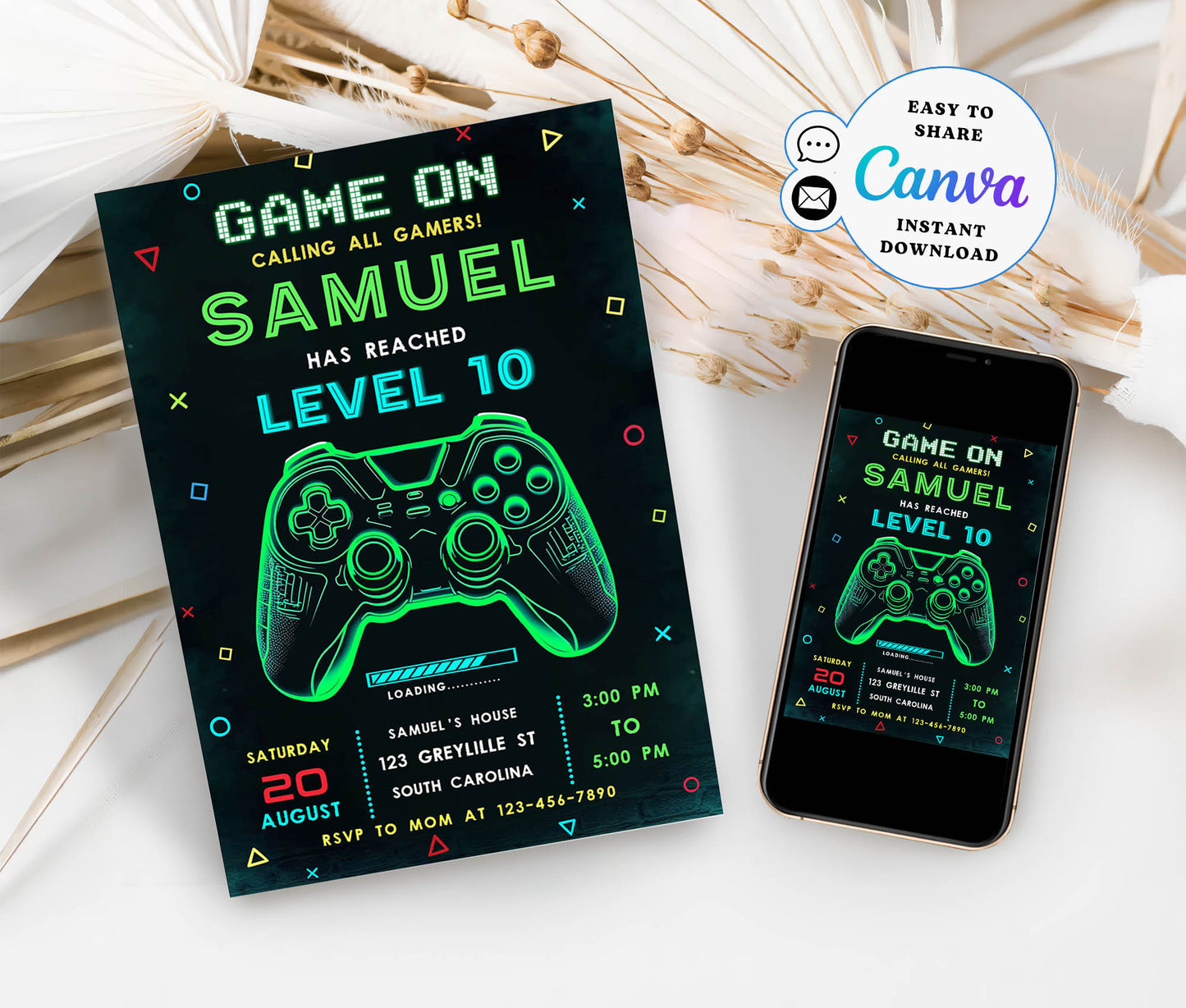 Neon Game On Level Up Gaming Birthday Party Invites