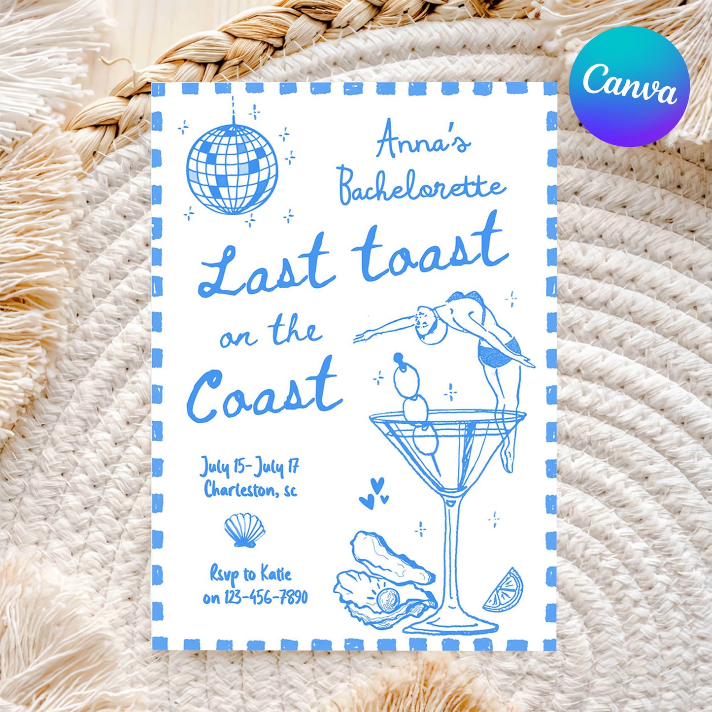 Blue Last Toast On The Coast Bachelorette Party Invitation