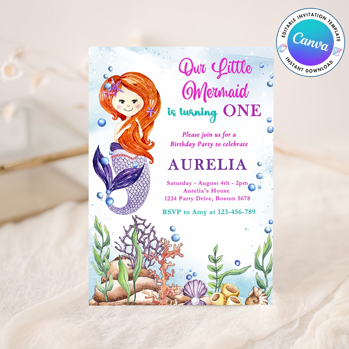 Mermaid Girl Birthday Party Invitation