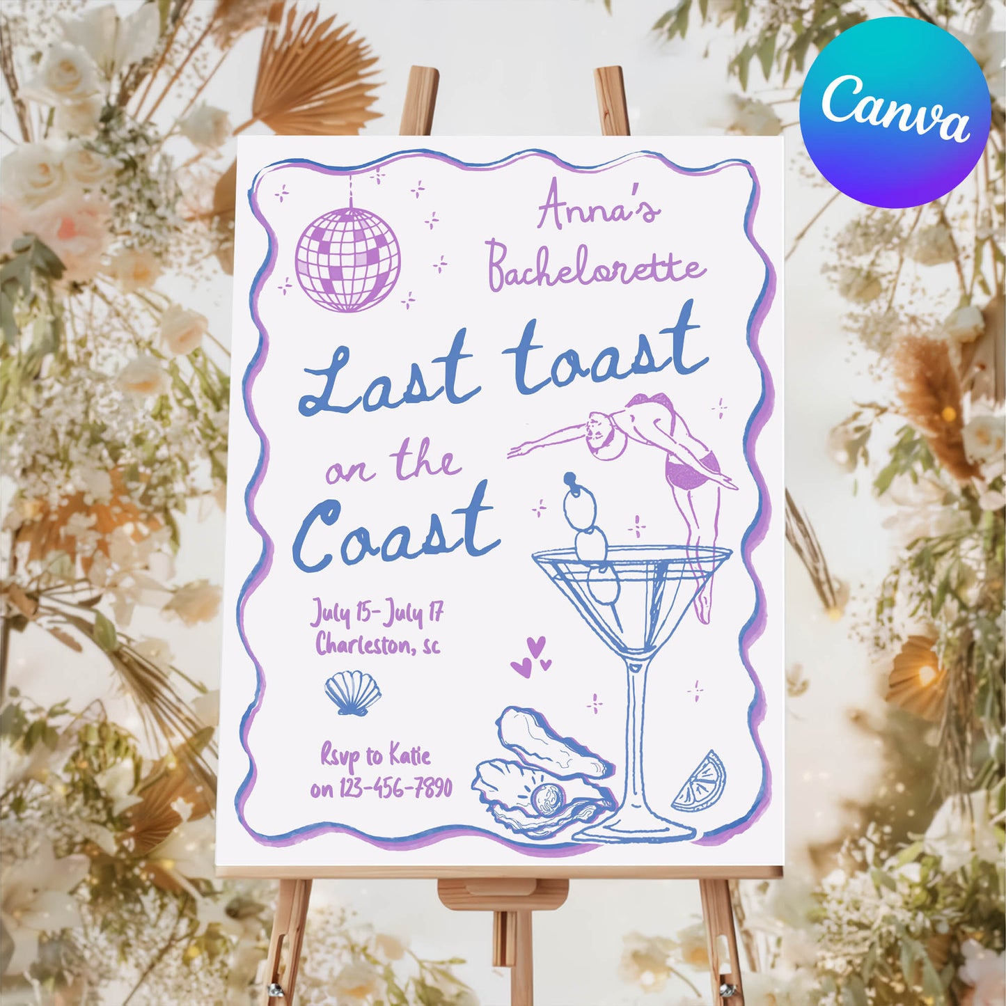 Purple Coastal Bachelorette Party Welcome Sign Template