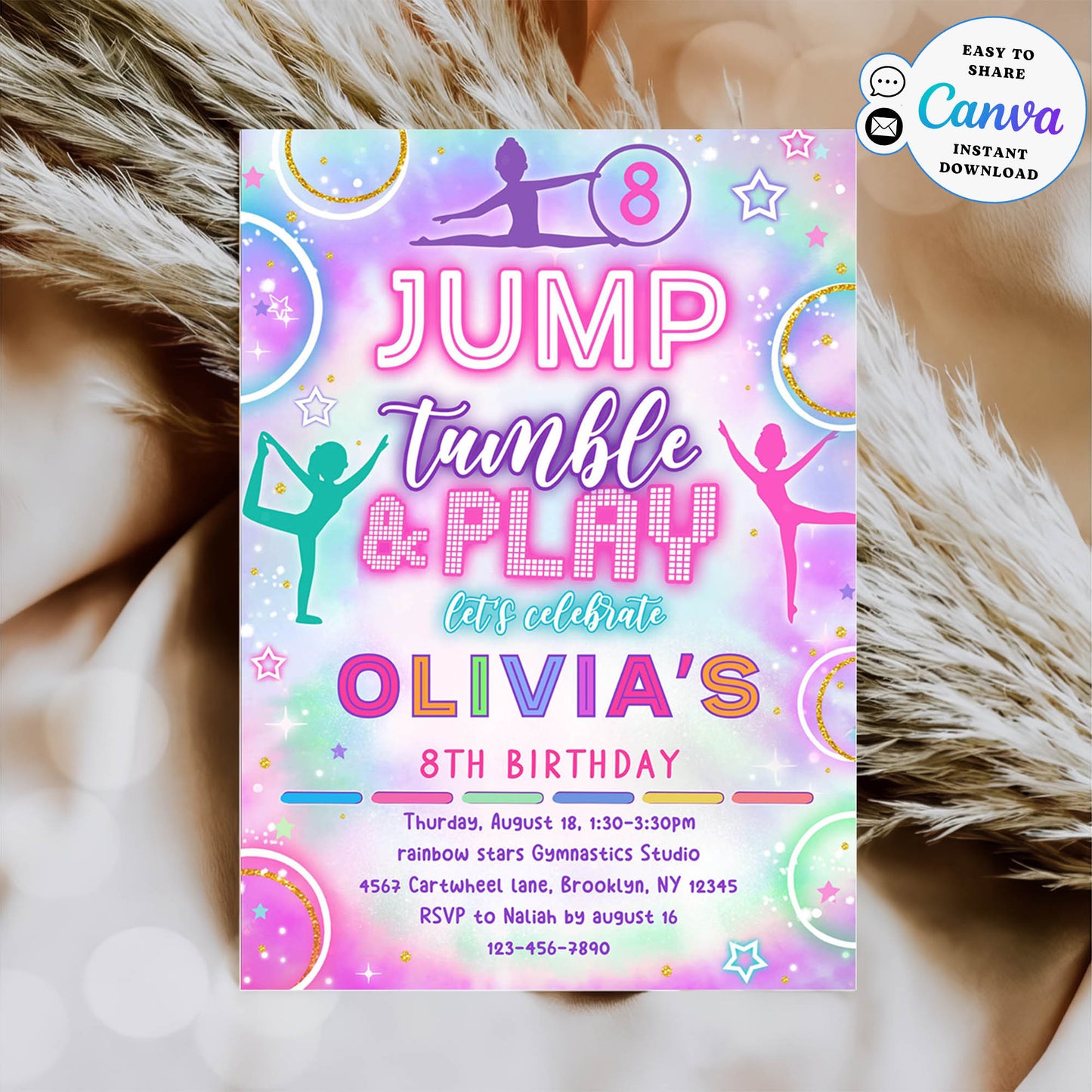 Editable Jump Tumble & Play gymnastics Birthday Invitation