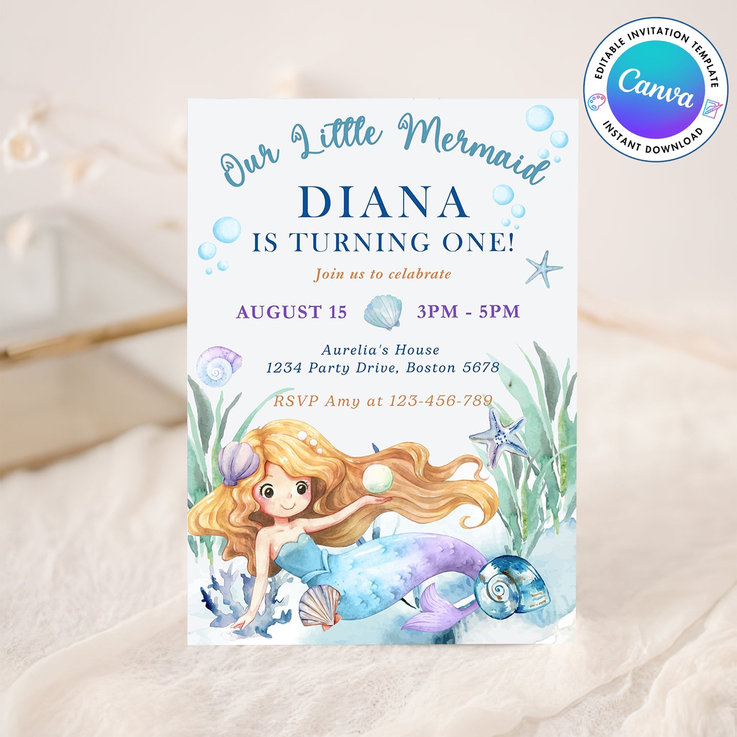 Oneder the Sea Mermaid Watercolor 1st Birthday Invitation