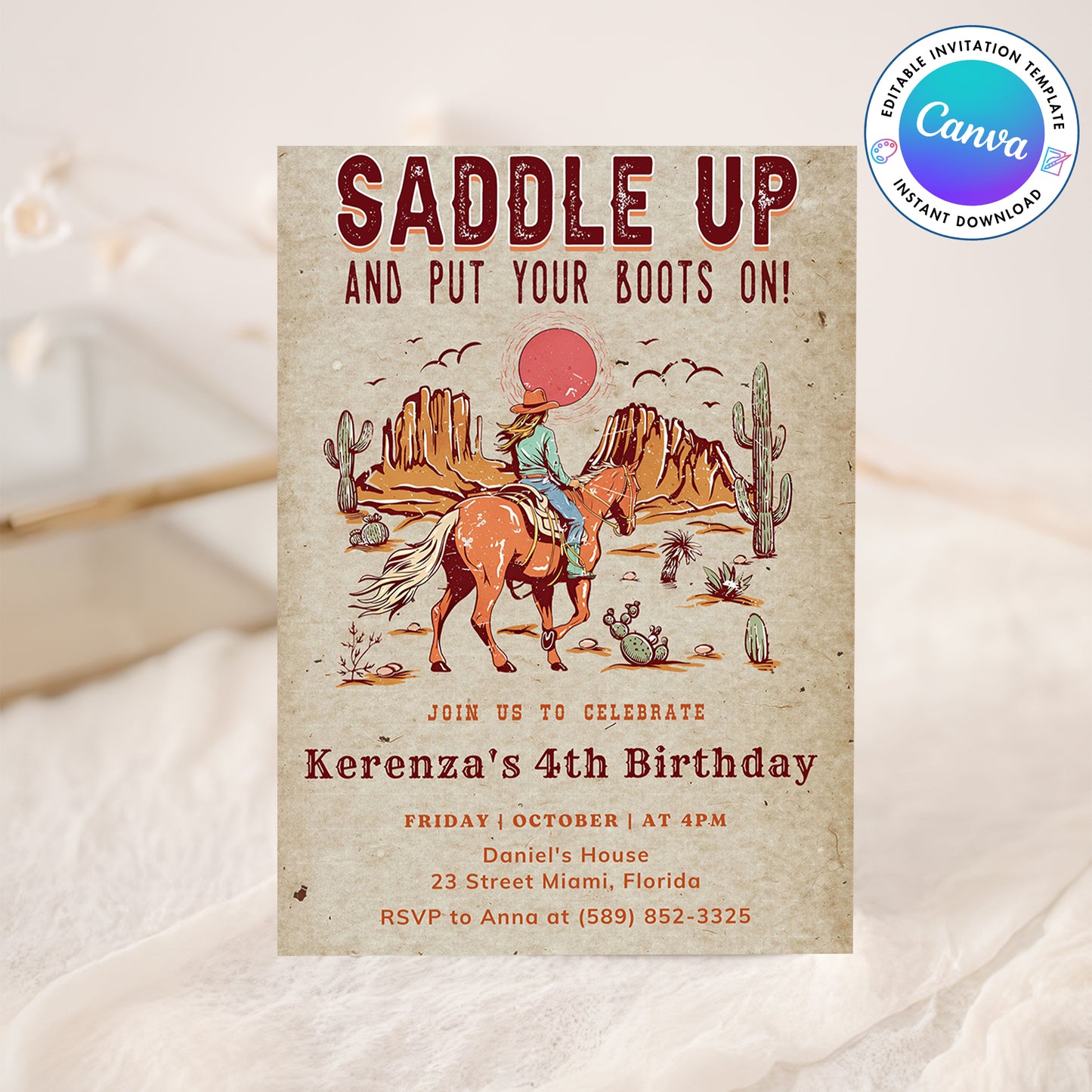 Western Saddle Up Cow Girl Birthday Invitation