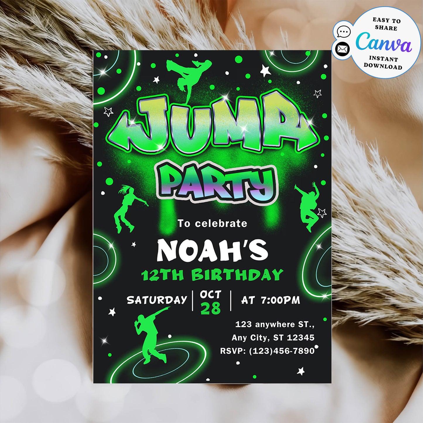 Neon Jump 12th Birthday Party  Invitation