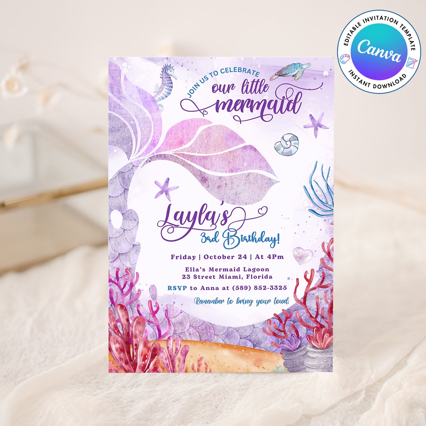 Mermaid Pink Purple Birthday Invitation