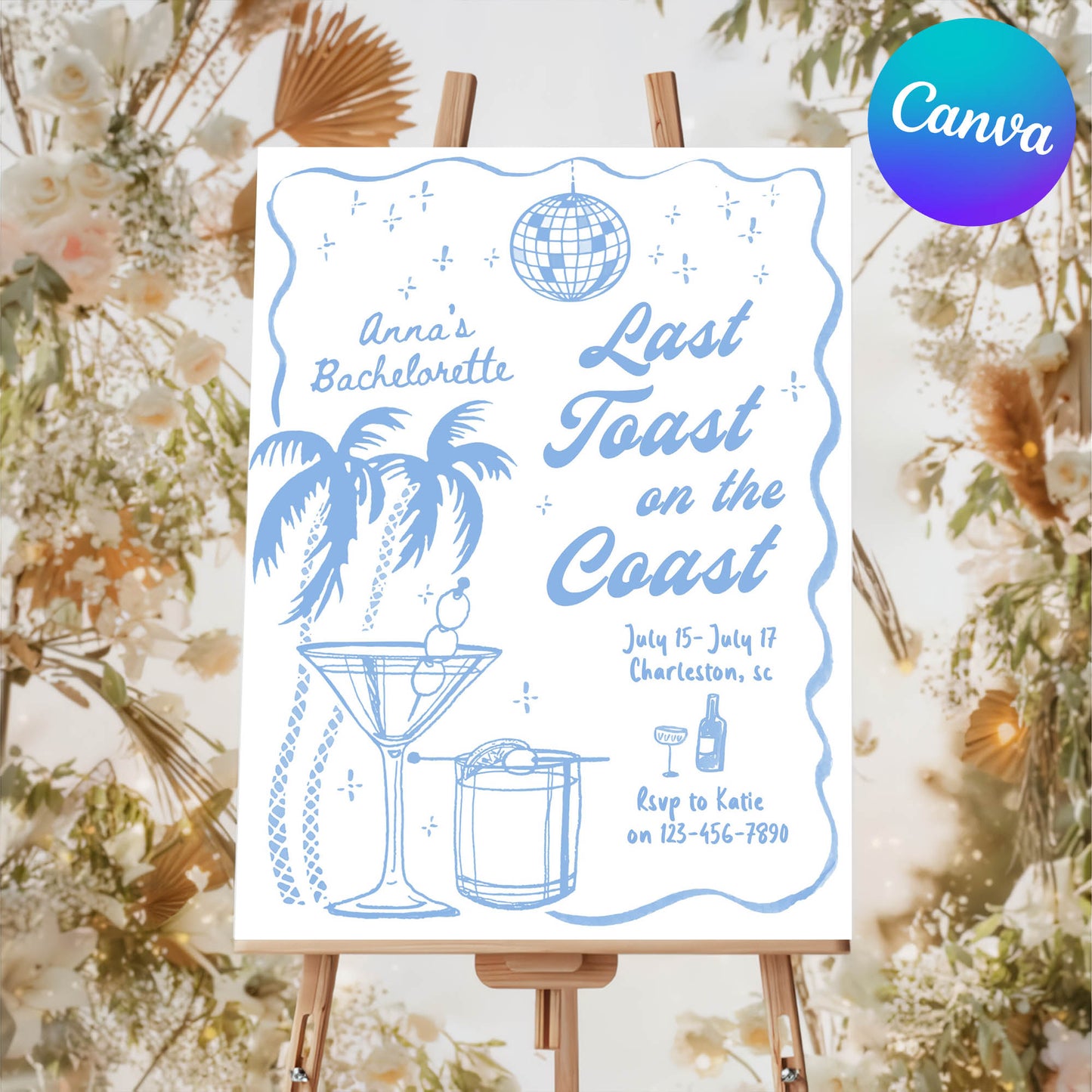 Editable Last Toast On The Coast Bachelorette Party Welcome Sign