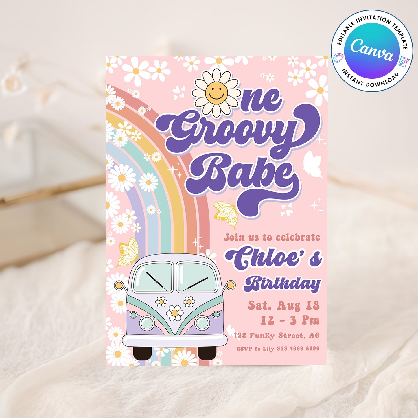 One Groovy Year Peace Love Party Rainbow Birthday Invitation