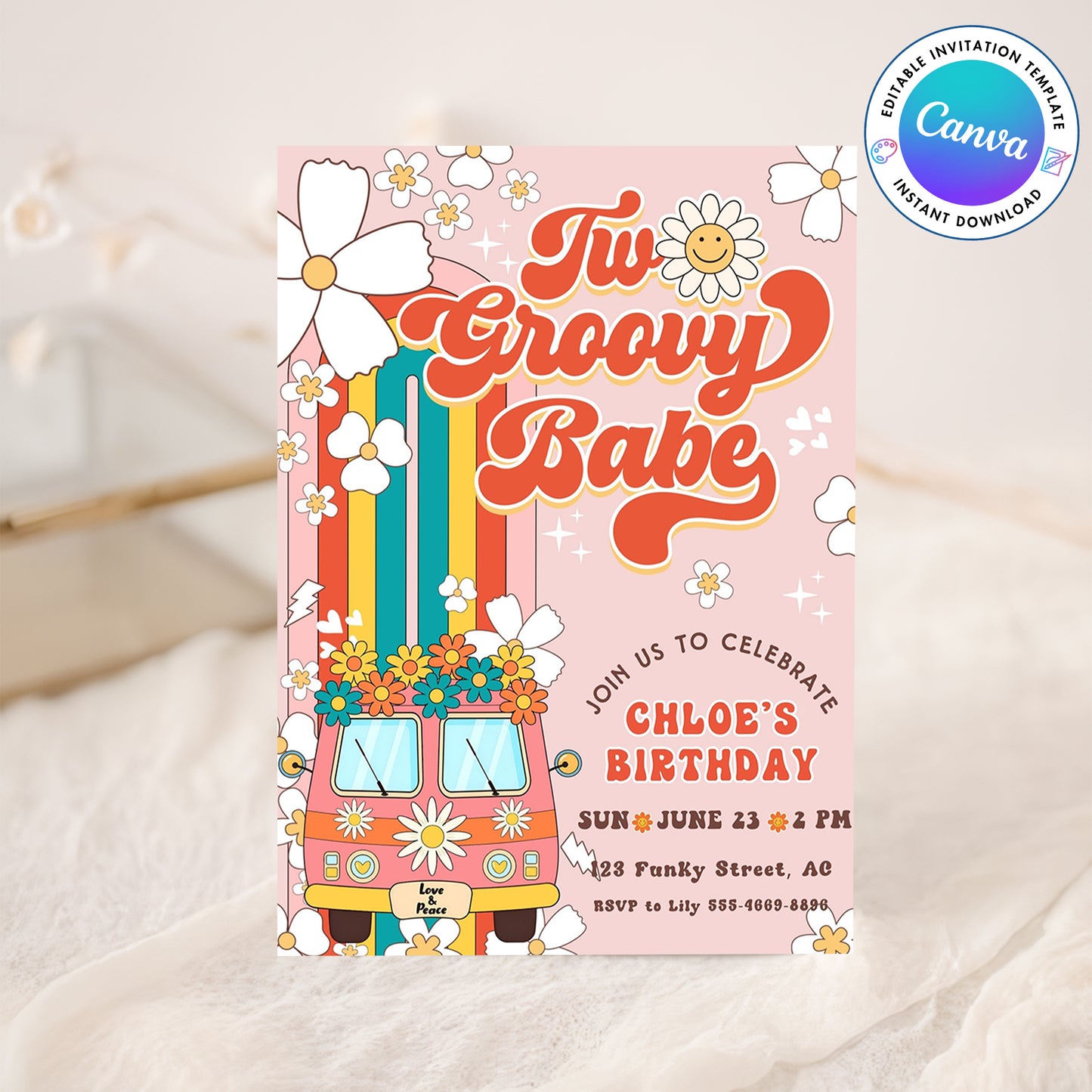 Two Groovy 2nd Birthday Peace Love Party Rainbow Invitation