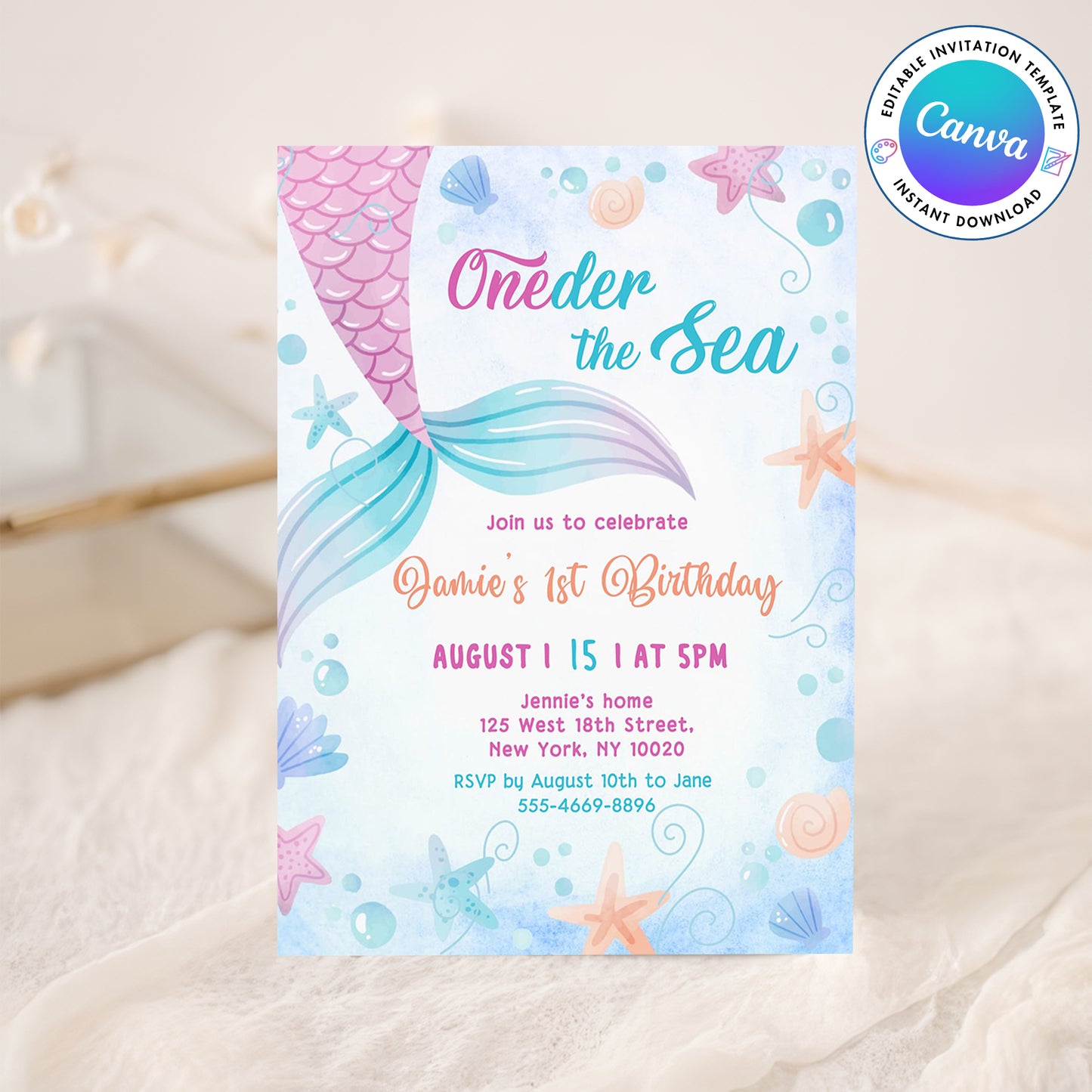 Mermaid Pink Purple Oneder The Sea Birthday Invitation