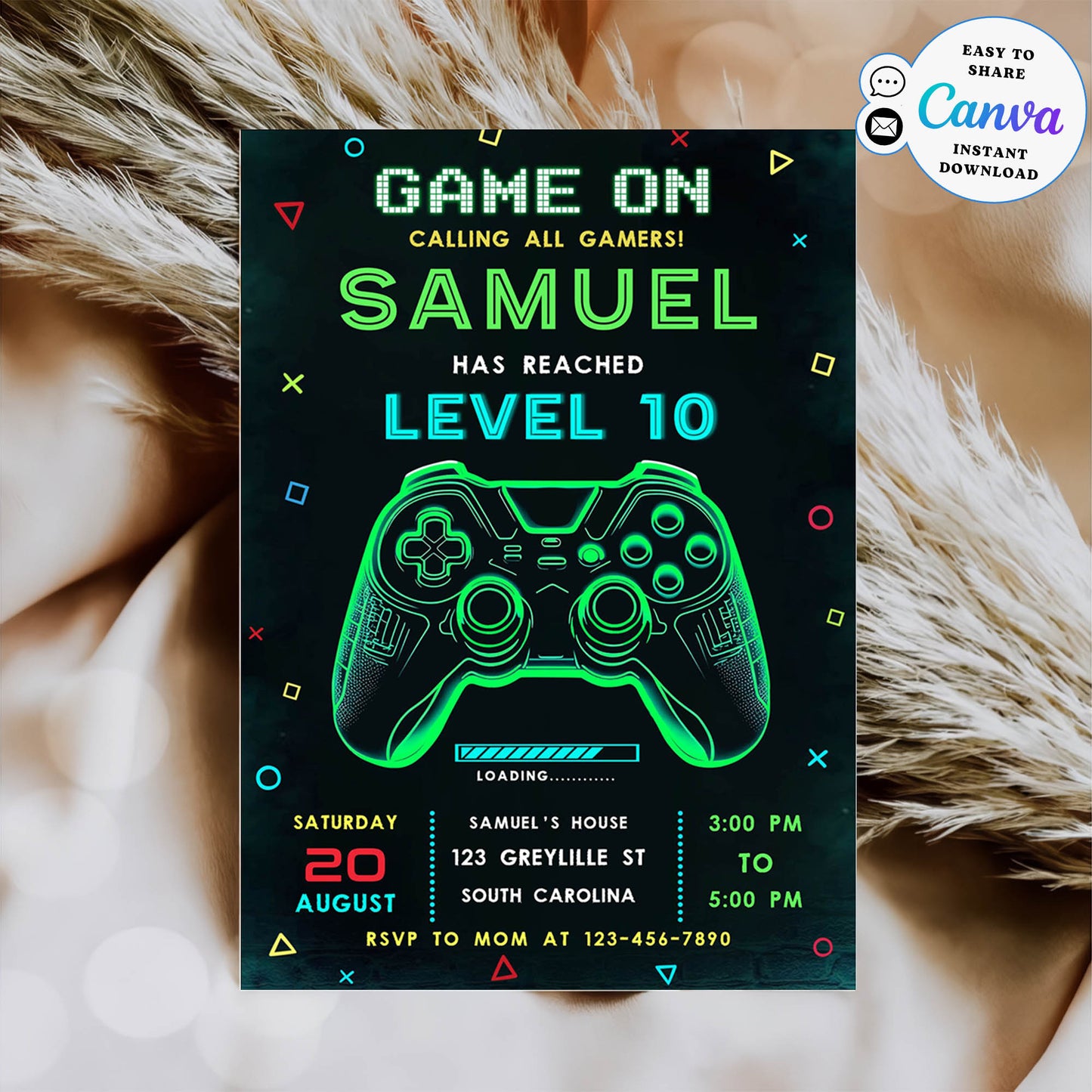 Neon Game On Level Up Gaming Birthday Party Invites