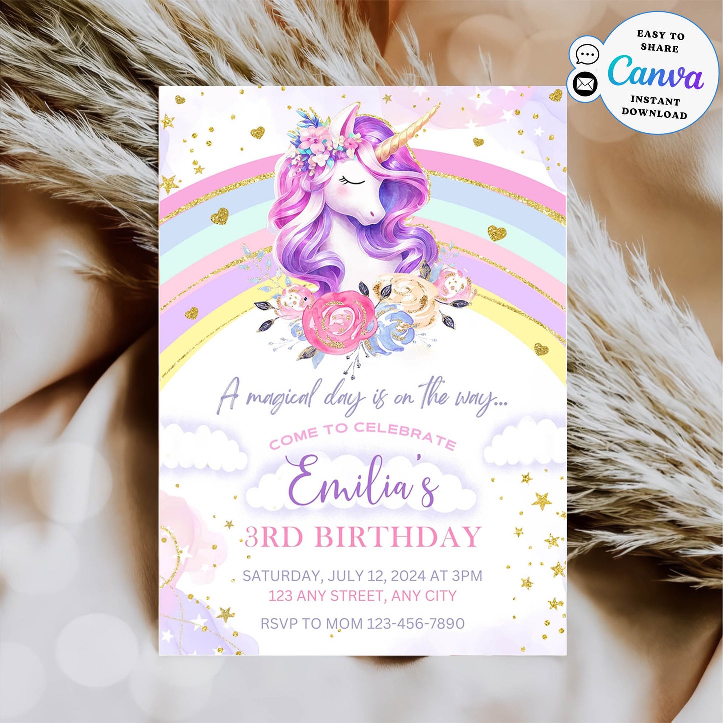 Happy 3rd Birthday Rainbow Glitter Invitation