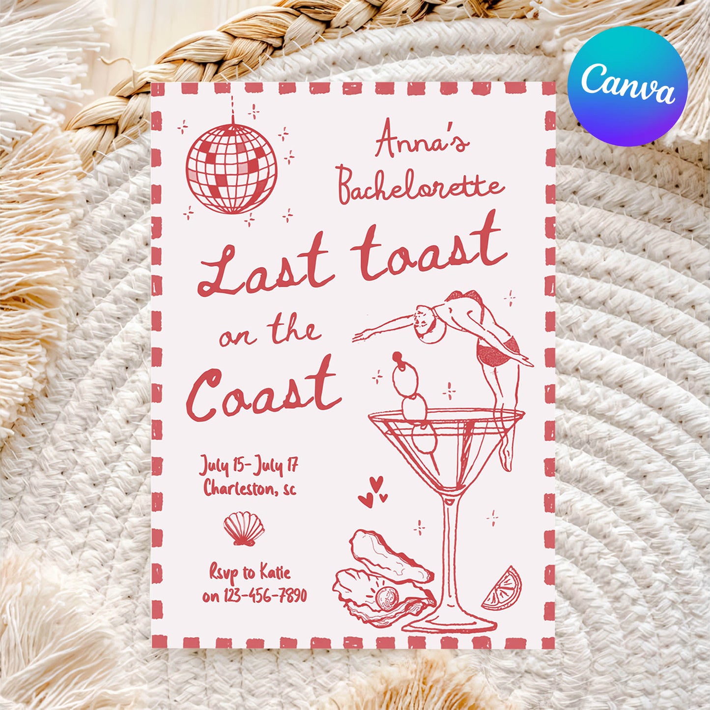 Sunset Vibes on the Shore: Last Toast on the Coast Bachelorette Invite