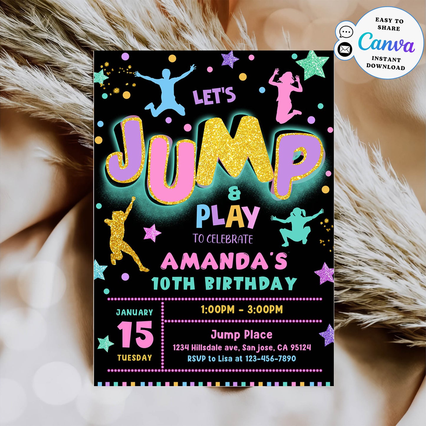 Let's Jump and Play 10th Birthday Invitation