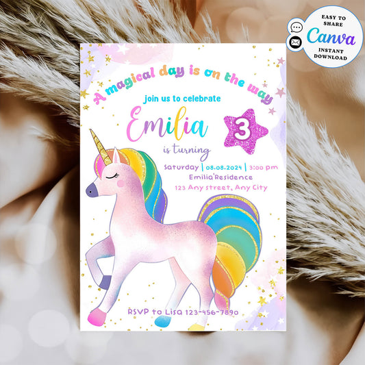 Girl 3rd Birthday Invitation, Glitter Unicorn Birthday Invite