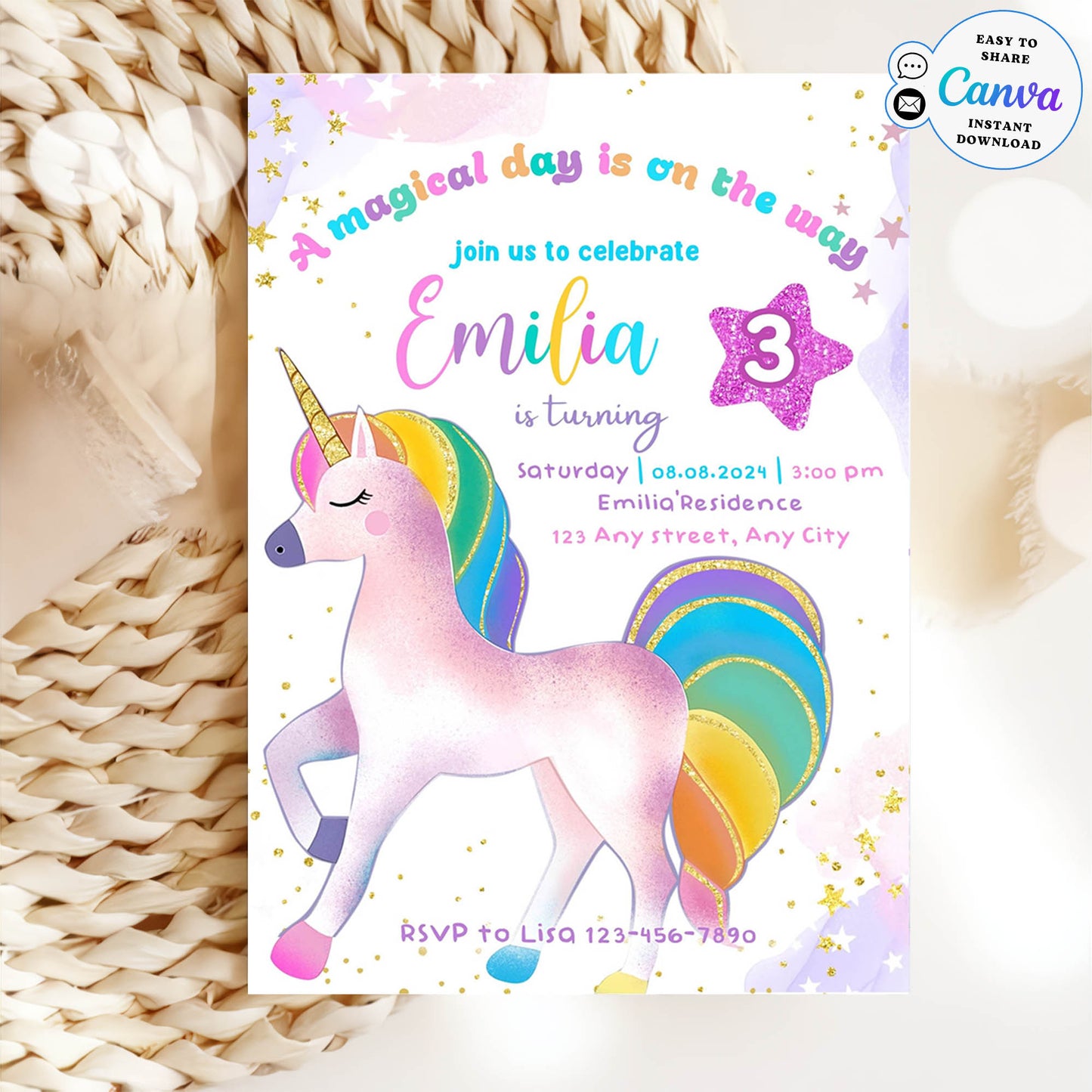 Girl 3rd Birthday Invitation, Glitter Unicorn Birthday Invite