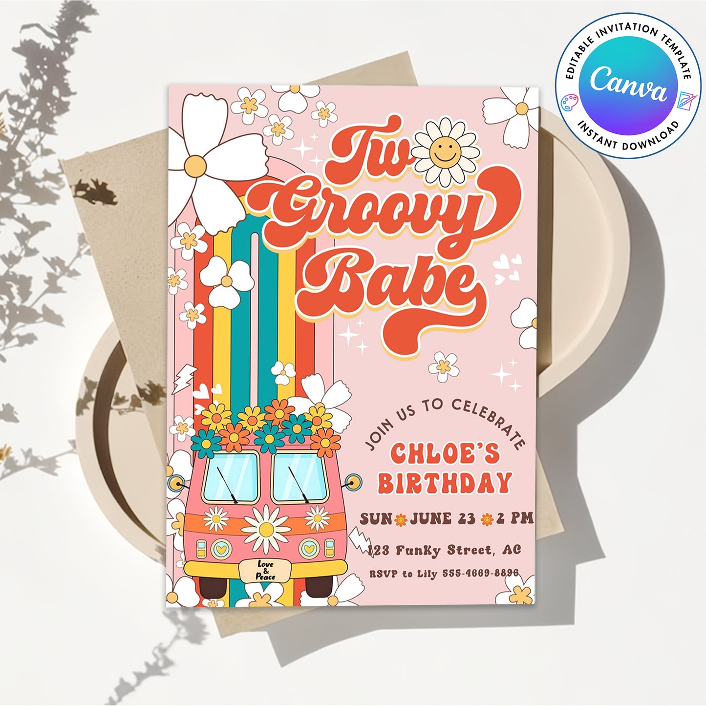 Two Groovy 2nd Birthday Peace Love Party Rainbow Invitation