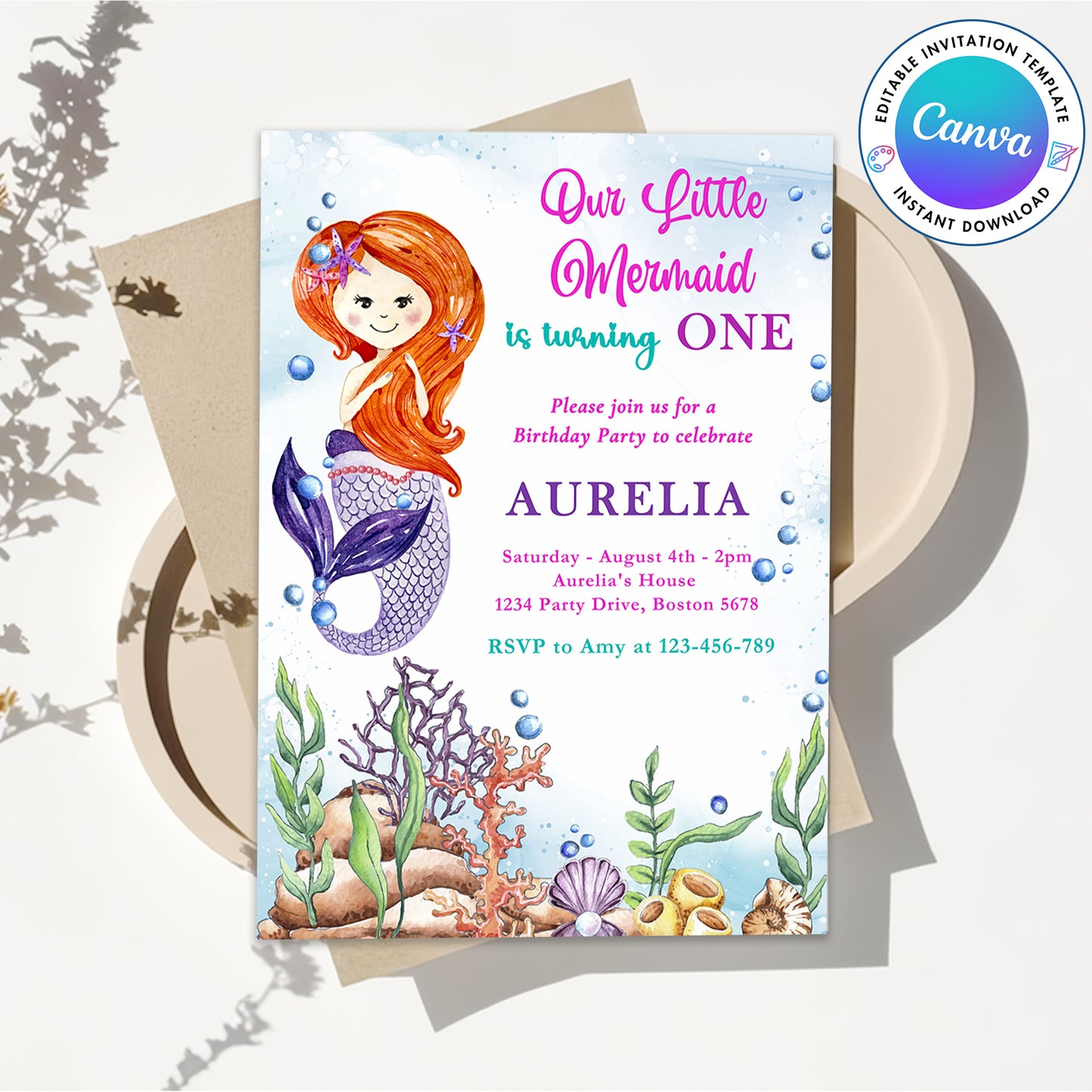 Mermaid Girl Birthday Party Invitation