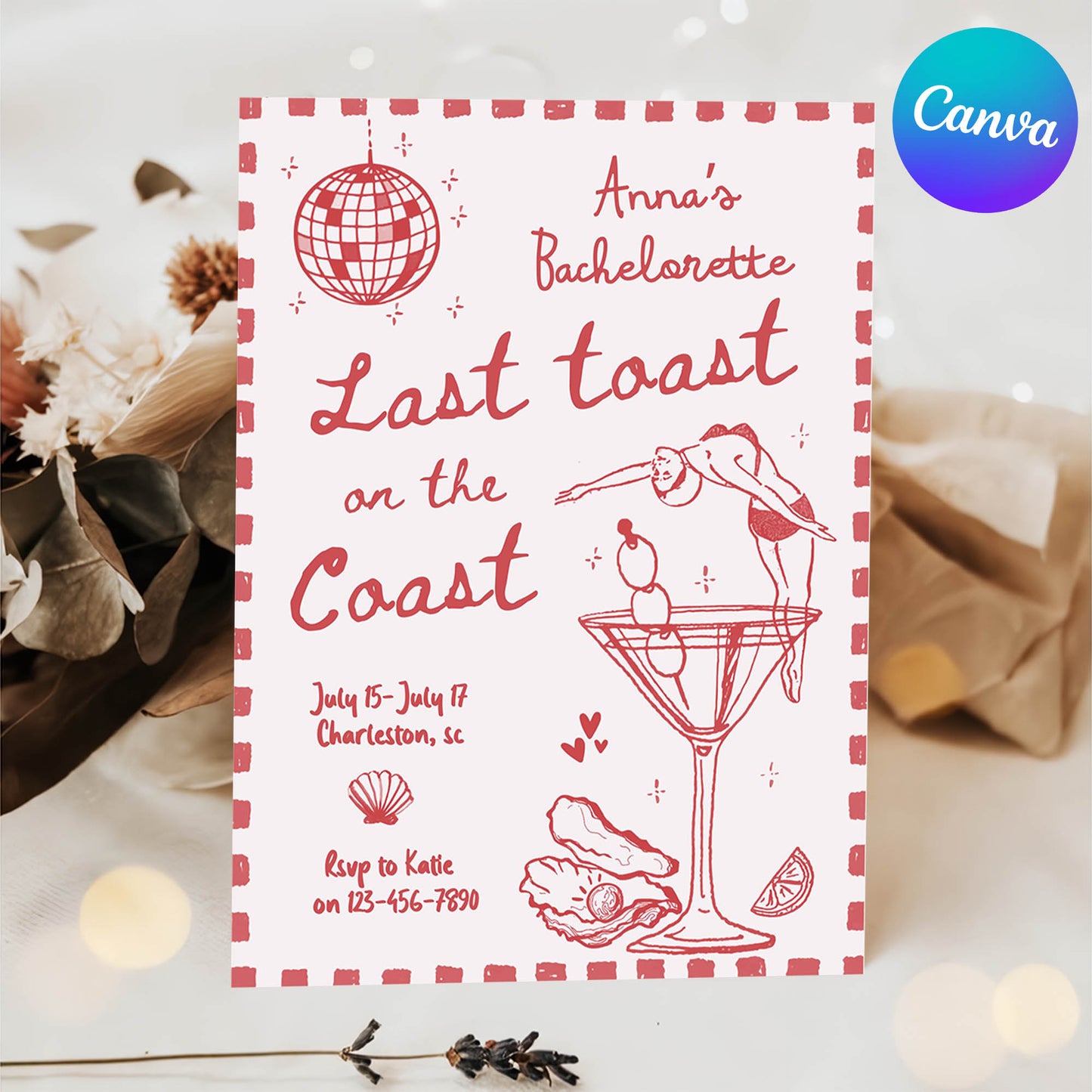 Sunset Vibes on the Shore: Last Toast on the Coast Bachelorette Invite