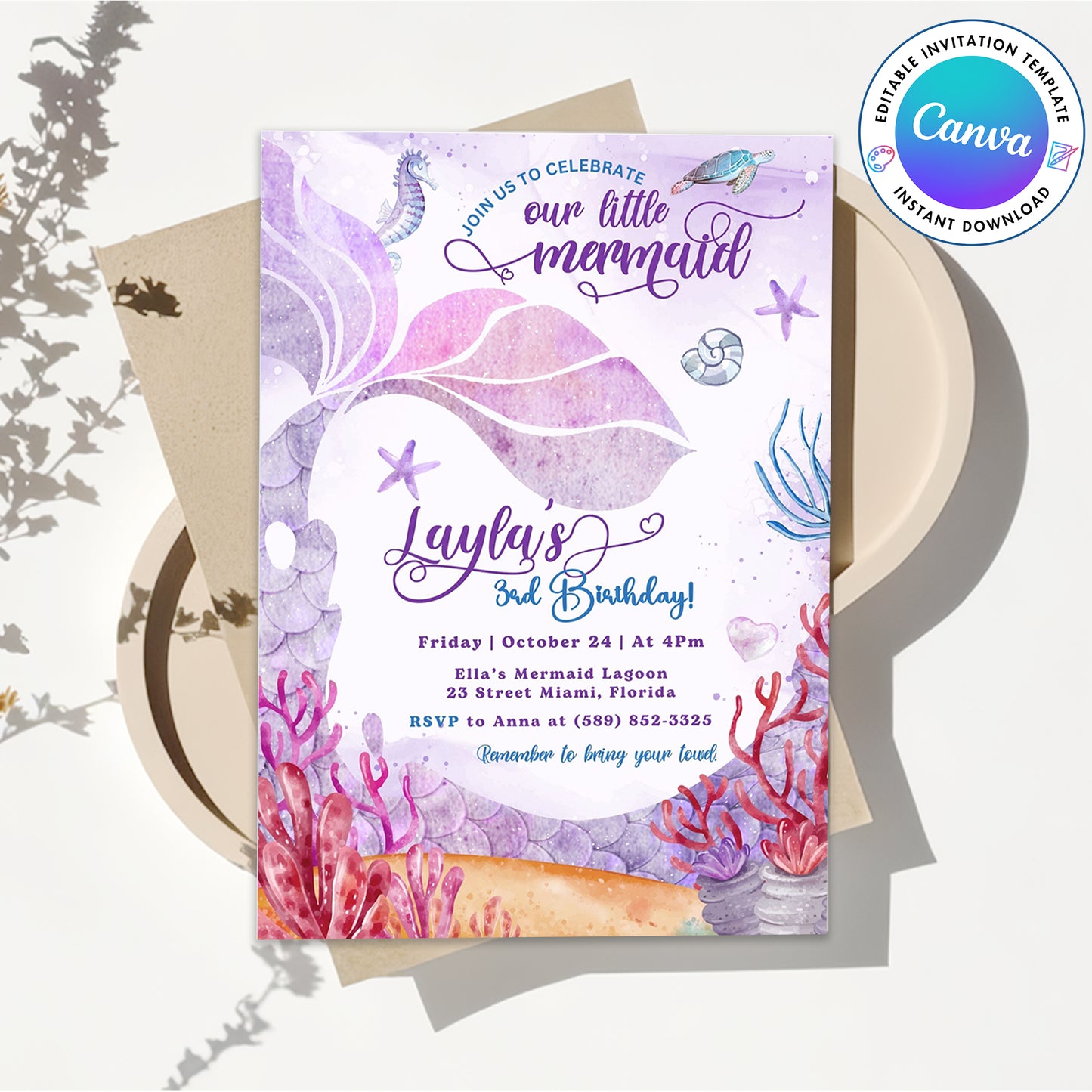 Mermaid Pink Purple Birthday Invitation